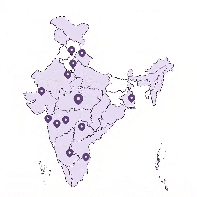 India map with location pins